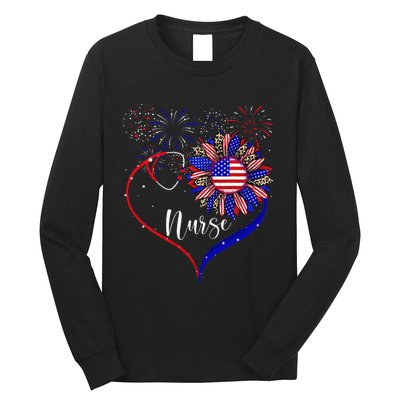 Patriotic Nurse 4th Of July American Flag Sunflower Love Long Sleeve Shirt