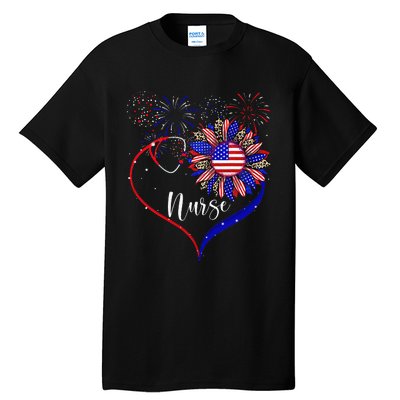 Patriotic Nurse 4th Of July American Flag Sunflower Love Tall T-Shirt