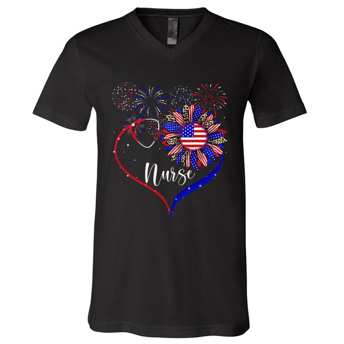 Patriotic Nurse 4th Of July American Flag Sunflower Love V-Neck T-Shirt