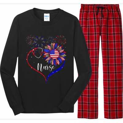 Patriotic Nurse 4th Of July American Flag Sunflower Love Long Sleeve Pajama Set