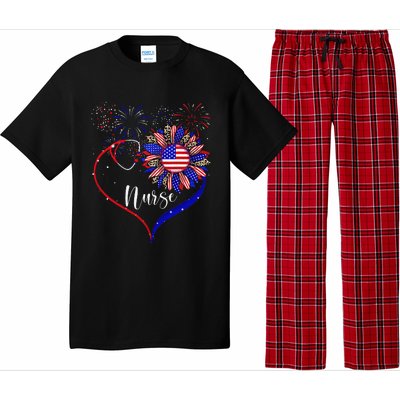 Patriotic Nurse 4th Of July American Flag Sunflower Love Pajama Set