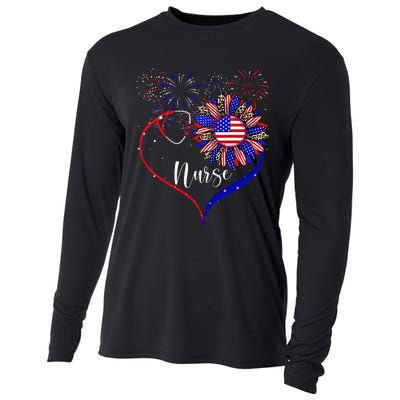 Patriotic Nurse 4th Of July American Flag Sunflower Love Cooling Performance Long Sleeve Crew