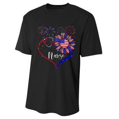 Patriotic Nurse 4th Of July American Flag Sunflower Love Performance Sprint T-Shirt