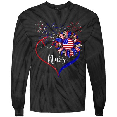 Patriotic Nurse 4th Of July American Flag Sunflower Love Tie-Dye Long Sleeve Shirt