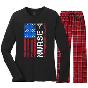 Patriotic Nurse 4th Of July American Flag Independence Day Women's Long Sleeve Flannel Pajama Set 