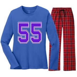 Purple Number 55 Football Baseball Soccer Hockey Sports Fans Gift Women's Long Sleeve Flannel Pajama Set 