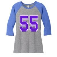 Purple Number 55 Football Baseball Soccer Hockey Sports Fans Gift Women's Tri-Blend 3/4-Sleeve Raglan Shirt