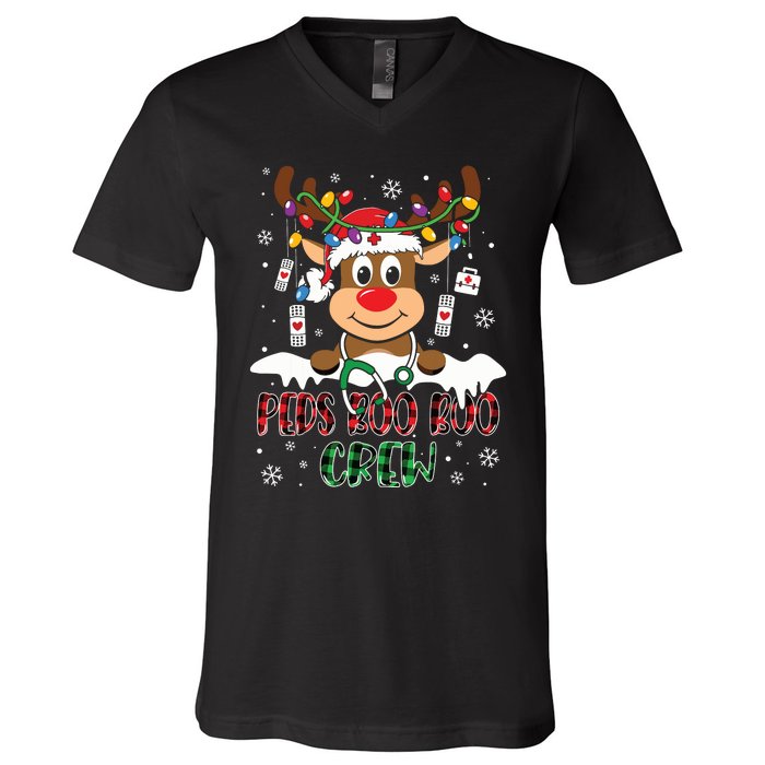 Peds Nurse Boo Crew Reindeer Nurse Buffalo Plaid Christmas V-Neck T-Shirt