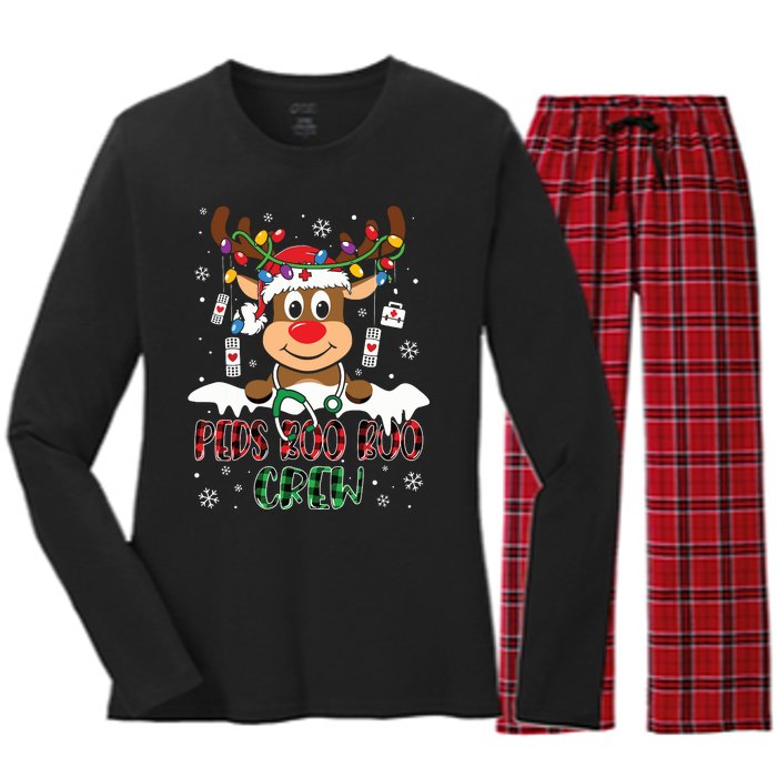 Peds Nurse Boo Crew Reindeer Nurse Buffalo Plaid Christmas Women's Long Sleeve Flannel Pajama Set 