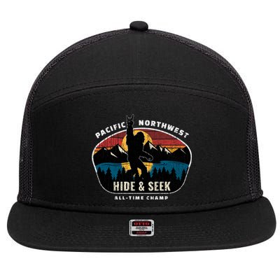 Pacific Northwest Bigfoot Hide And Seek Champ Sasquatch Gift 7 Panel Mesh Trucker Snapback Hat