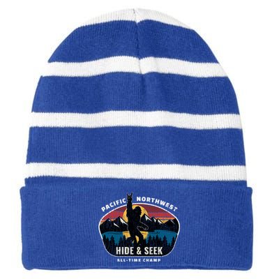 Pacific Northwest Bigfoot Hide And Seek Champ Sasquatch Gift Striped Beanie with Solid Band