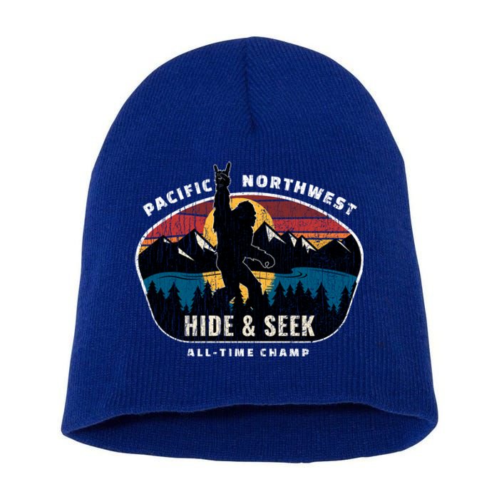 Pacific Northwest Bigfoot Hide And Seek Champ Sasquatch Gift Short Acrylic Beanie