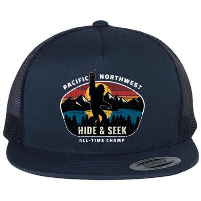 Pacific Northwest Bigfoot Hide And Seek Champ Sasquatch Gift Flat Bill Trucker Hat