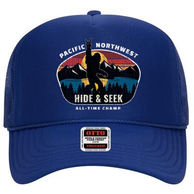 Pacific Northwest Bigfoot Hide And Seek Champ Sasquatch Gift High Crown Mesh Back Trucker Hat