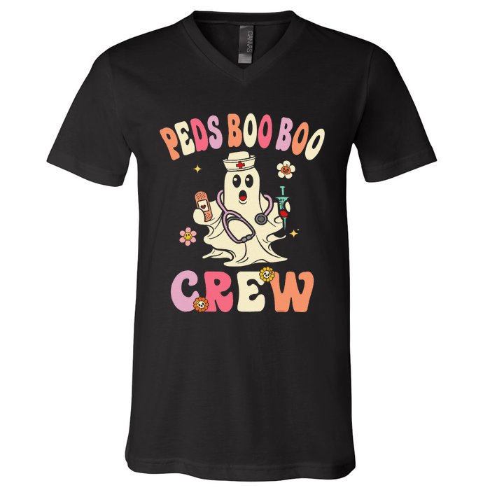 Peds Nurse Boo Crew Retro Halloween Pediatric Nurse V-Neck T-Shirt