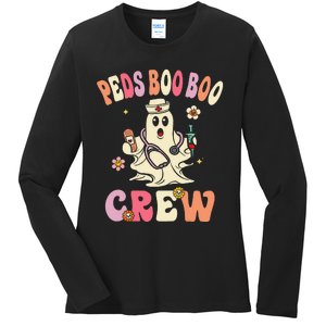 Peds Nurse Boo Crew Retro Halloween Pediatric Nurse Ladies Long Sleeve Shirt