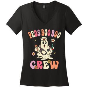 Peds Nurse Boo Crew Retro Halloween Pediatric Nurse Women's V-Neck T-Shirt