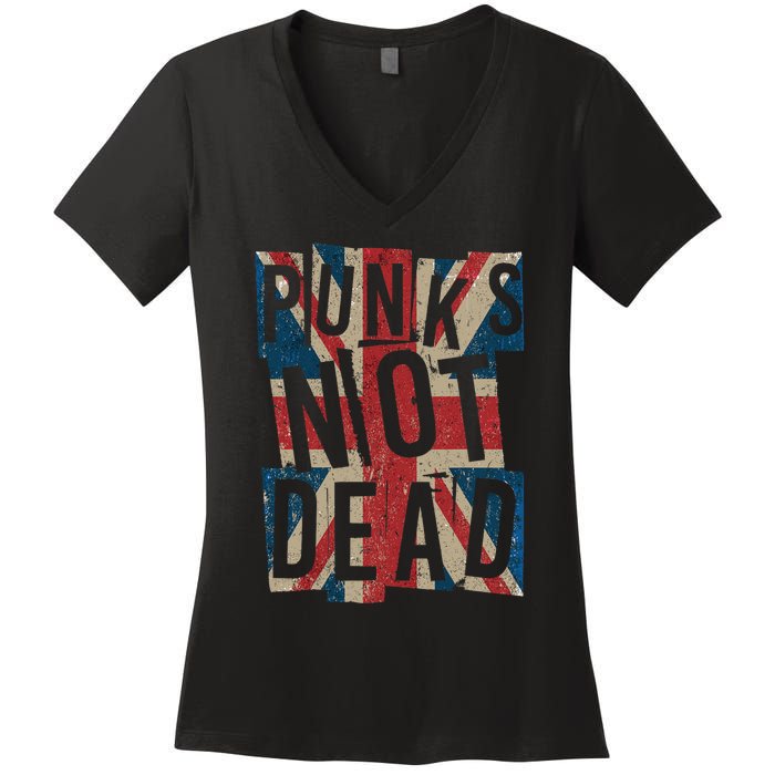 Punks Not Dead Vintage Uk London Flag Punk Is Not Dead Women's V-Neck T-Shirt