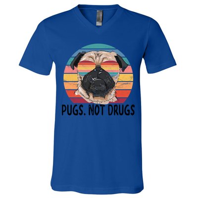 Pugs Not Drugs Funny Pug Lover Retro Vintage Gift V-Neck T-Shirt