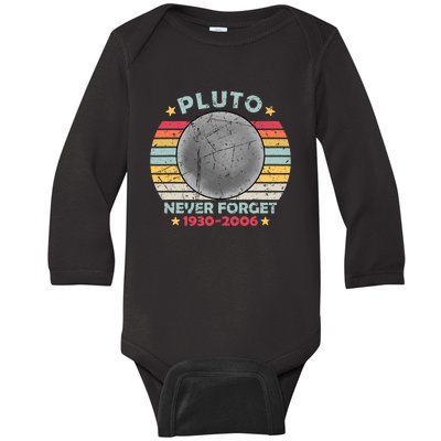 Pluto Never Forget Funny Space Vintage Retro Astronomy Baby Long Sleeve Bodysuit