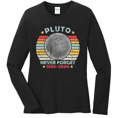 Pluto Never Forget Funny Space Vintage Retro Astronomy Ladies Long Sleeve Shirt