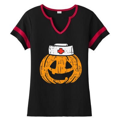 Pumpkin Nurse Funny Scary Halloween Costume RN CNA ICU Ladies Halftime Notch Neck Tee