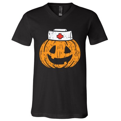 Pumpkin Nurse Funny Scary Halloween Costume Rn Cna Icu Girl V-Neck T-Shirt