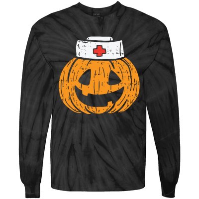 Pumpkin Nurse Funny Scary Halloween Costume Rn Cna Icu Girl Tie-Dye Long Sleeve Shirt