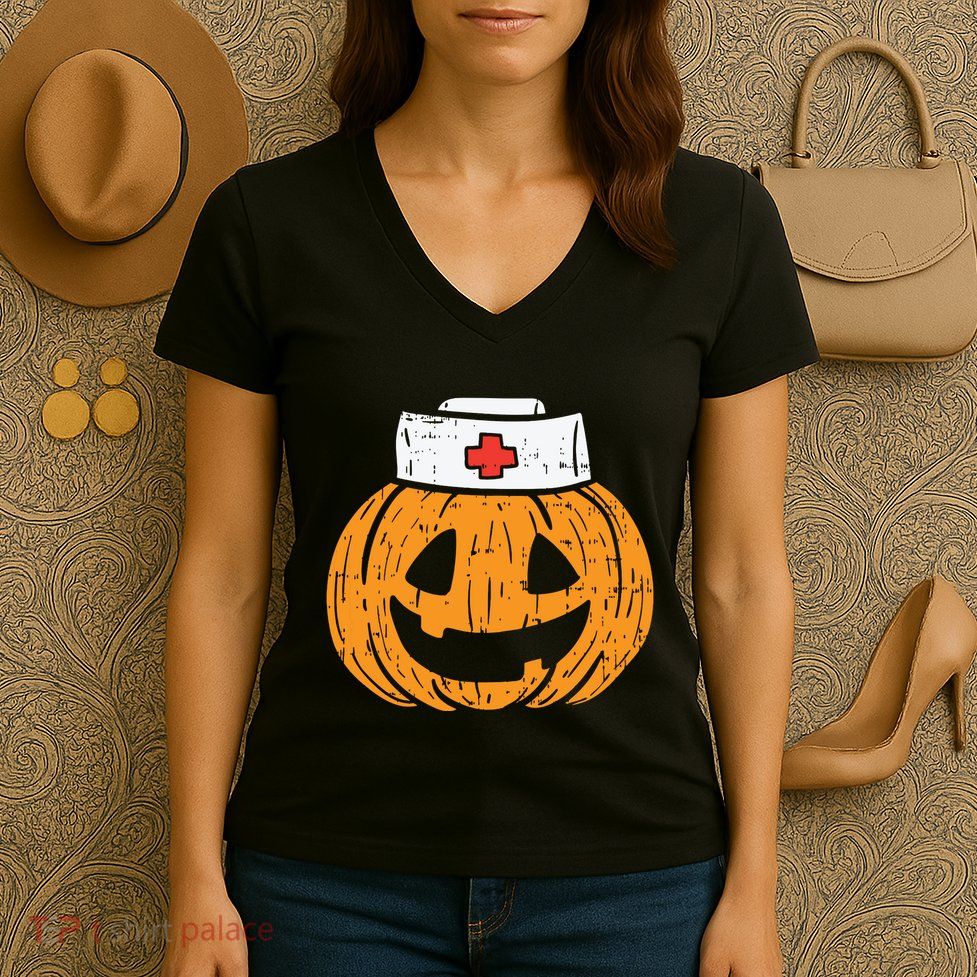 Pumpkin Nurse Funny Scary Halloween Costume Rn Cna Icu Girl Women's V-Neck T-Shirt