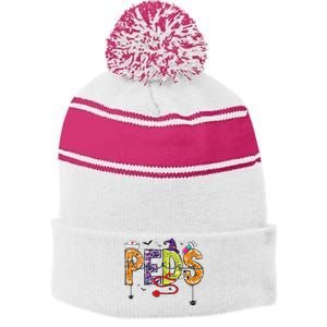 Pediatric Nurse Halloween Pediatric Nursing Funny Peds Nurse Stripe Pom Pom Beanie