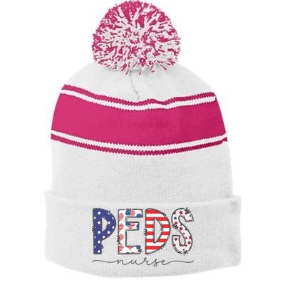 Peds Nurse July 4th Pediatric Nurse Happy Independence Day Stripe Pom Pom Beanie