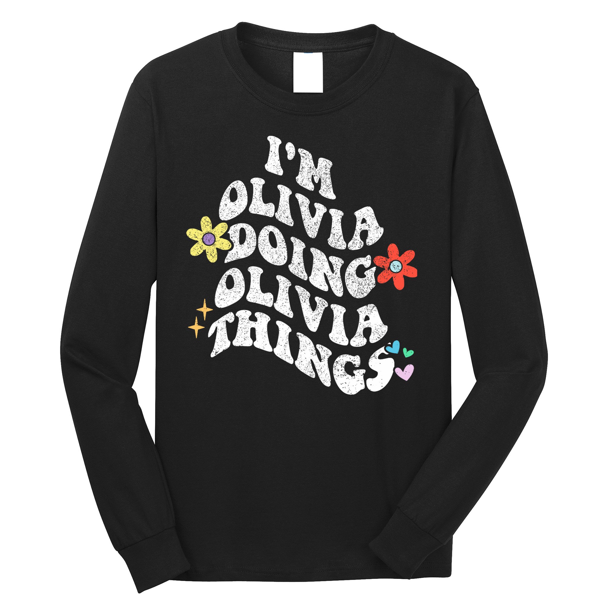 Personalized Name Mothers Day Outfit For Women Retro Groovy Im Olivia Doing Olivia Things Funny Moth Long Sleeve Shirt