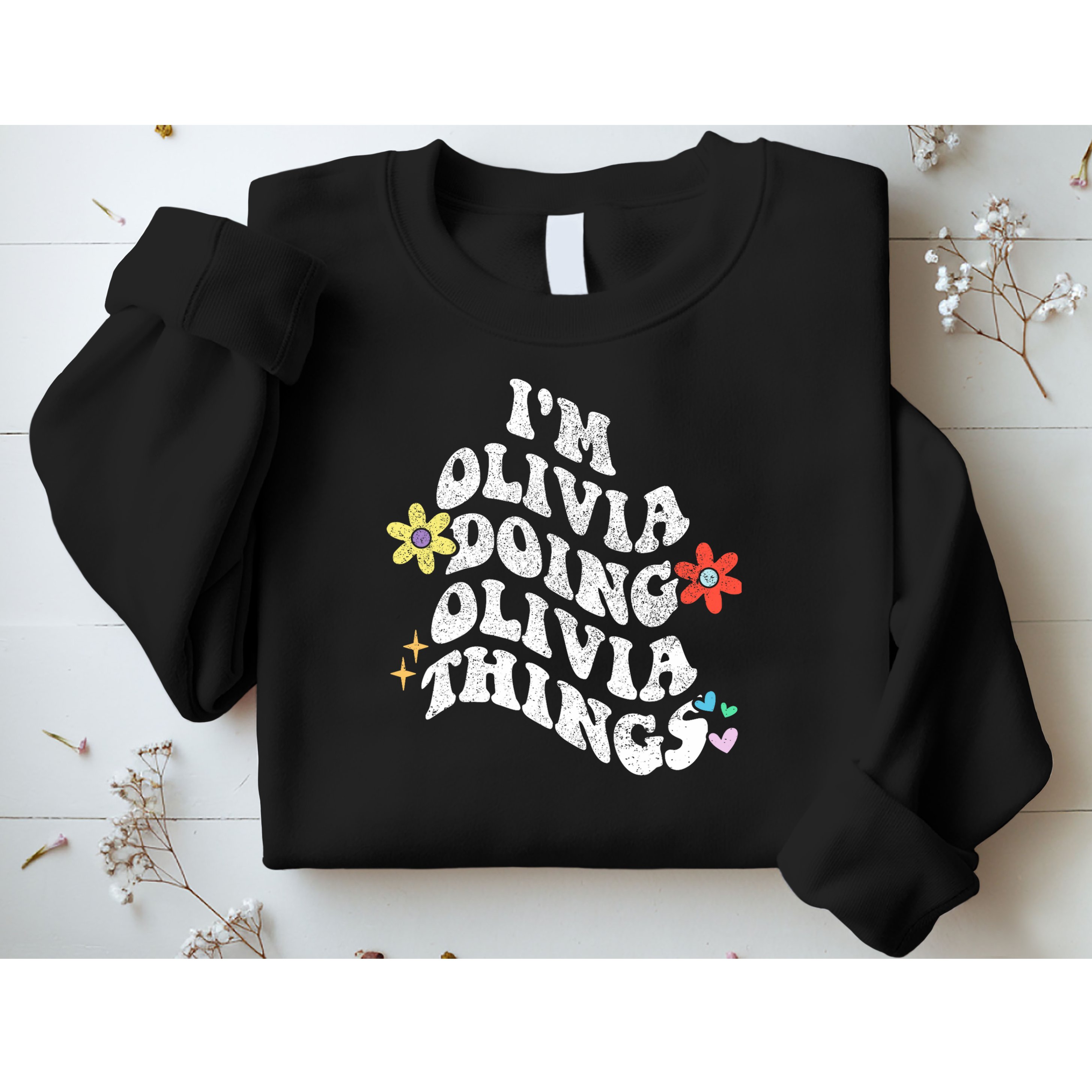 Personalized Name Mothers Day Outfit For Women Retro Groovy Im Olivia Doing Olivia Things Funny Moth Sweatshirt