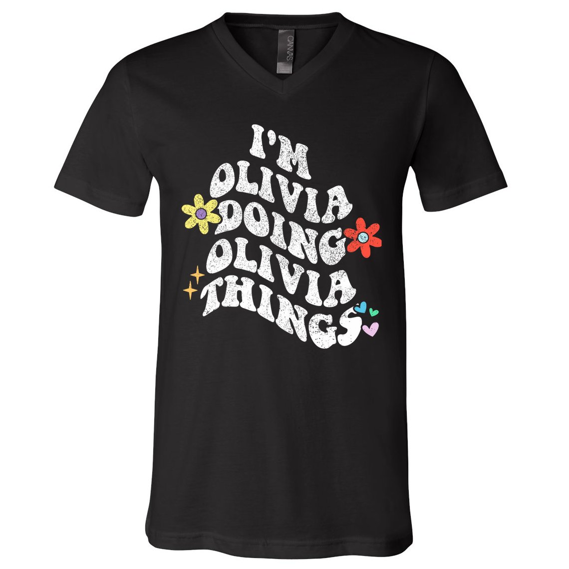 Personalized Name Mothers Day Outfit For Women Retro Groovy Im Olivia Doing Olivia Things Funny Moth V-Neck T-Shirt