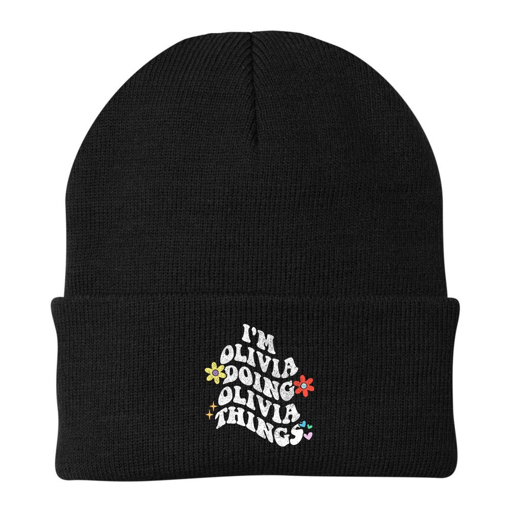 Personalized Name Mothers Day Outfit For Women Retro Groovy Im Olivia Doing Olivia Things Funny Moth Beanie