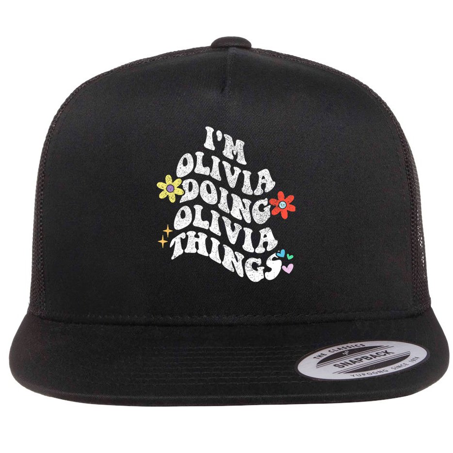 Personalized Name Mothers Day Outfit For Women Retro Groovy Im Olivia Doing Olivia Things Funny Moth Flat Bill Trucker Hat