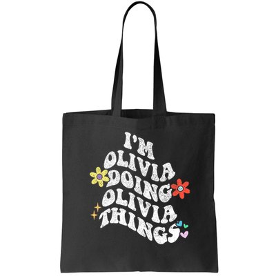 Personalized Name Mothers Day Outfit For Women Retro Groovy Im Olivia Doing Olivia Things Funny Moth Bag