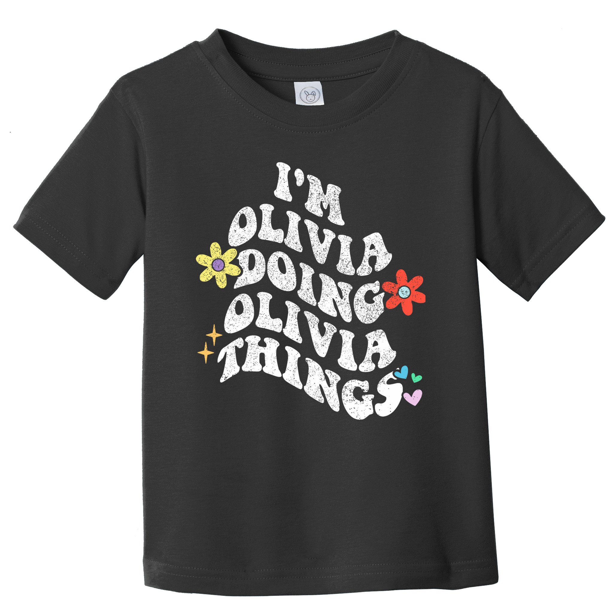 Personalized Name Mothers Day Outfit For Women Retro Groovy Im Olivia Doing Olivia Things Funny Moth Toddler T-Shirt