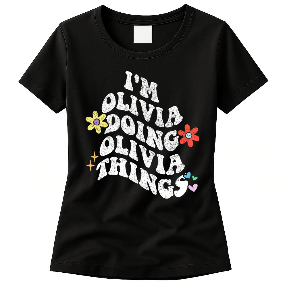 Personalized Name Mothers Day Outfit For Women Retro Groovy Im Olivia Doing Olivia Things Funny Moth Womens T-Shirt