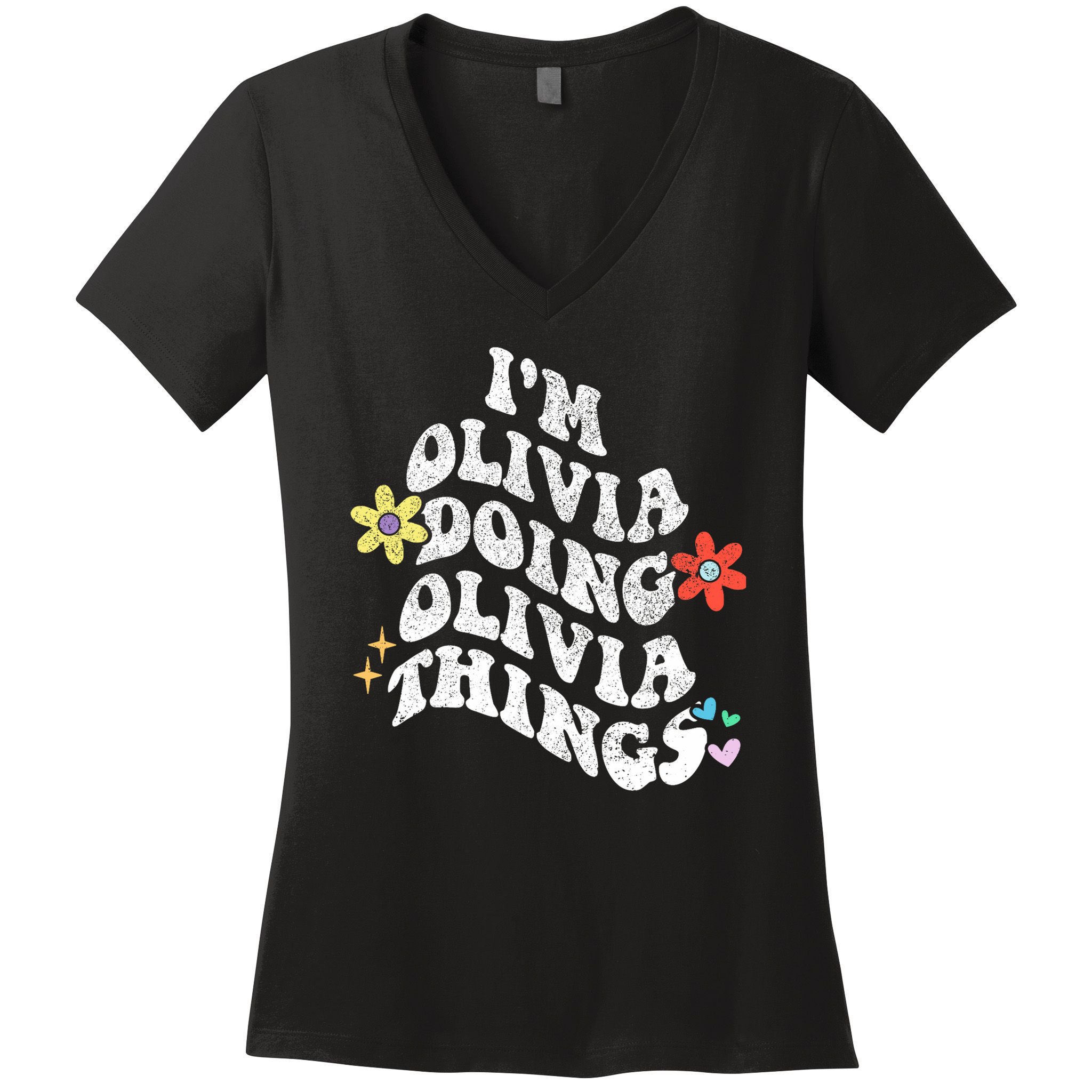 Personalized Name Mothers Day Outfit For Women Retro Groovy Im Olivia Doing Olivia Things Funny Moth Women's V-Neck T-Shirt