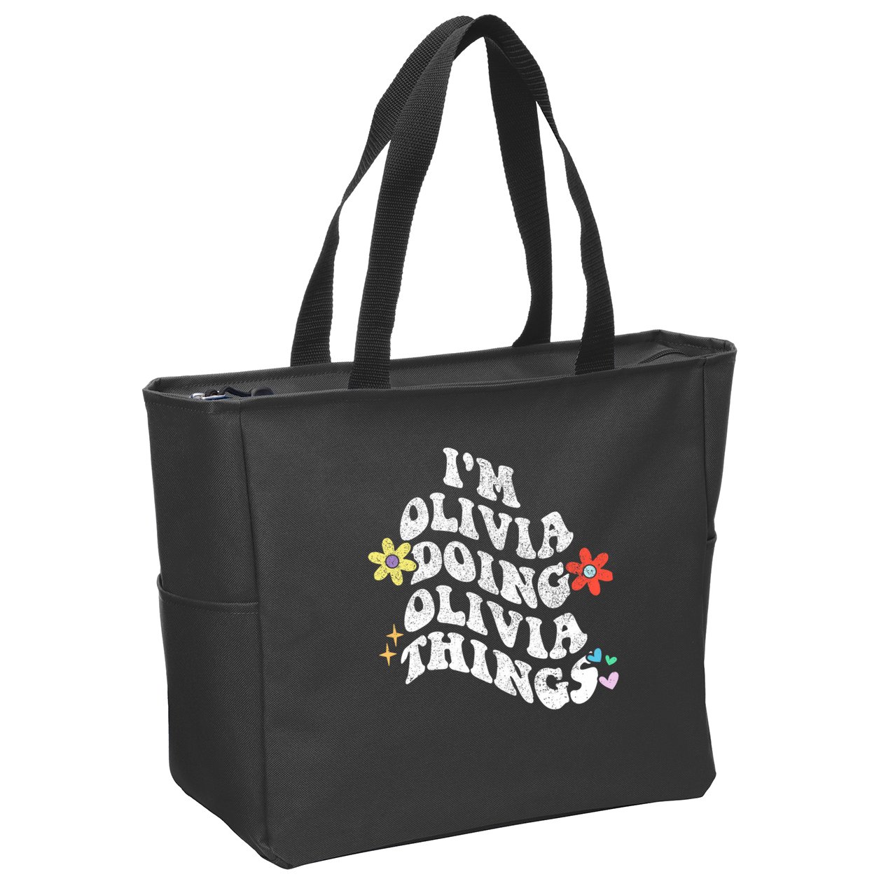 Personalized Name Mothers Day Outfit For Women Retro Groovy Im Olivia Doing Olivia Things Funny Moth Zip Tote Bag