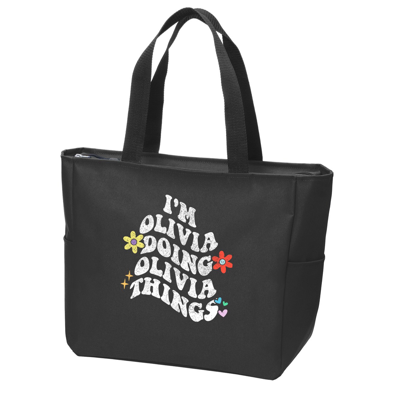 Personalized Name Mothers Day Outfit For Women Retro Groovy Im Olivia Doing Olivia Things Funny Moth Zip Tote Bag