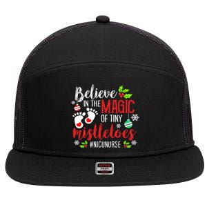 PEDS NICU Nurse Believin Magic Of Tiny Mistletoe Christmas 7 Panel Mesh Trucker Snapback Hat