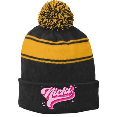 Personalized Name Nicki I Love Nicki Groovy Gift Stripe Pom Pom Beanie