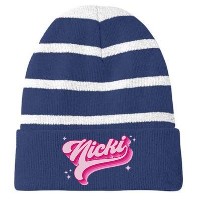 Personalized Name Nicki I Love Nicki Groovy Gift Striped Beanie with Solid Band