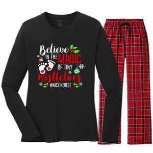 Peds Nicu Nurse Believin Magic Of Tiny Mistletoe Christmas Women's Long Sleeve Flannel Pajama Set 