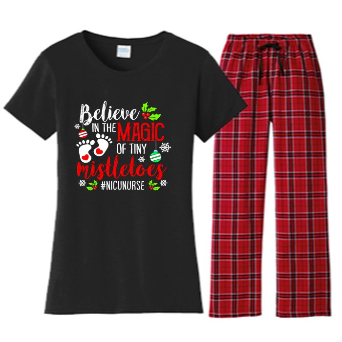 Peds Nicu Nurse Believin Magic Of Tiny Mistletoe Christmas Women's Flannel Pajama Set