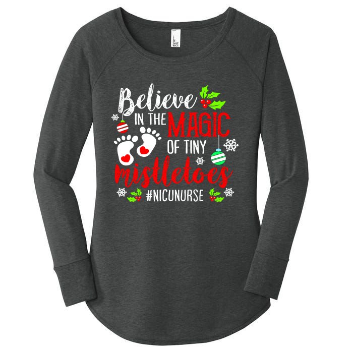 Peds Nicu Nurse Believin Magic Of Tiny Mistletoe Christmas Women's Perfect Tri Tunic Long Sleeve Shirt