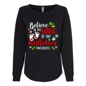 Peds Nicu Nurse Believin Magic Of Tiny Mistletoe Christmas Womens California Wash Sweatshirt