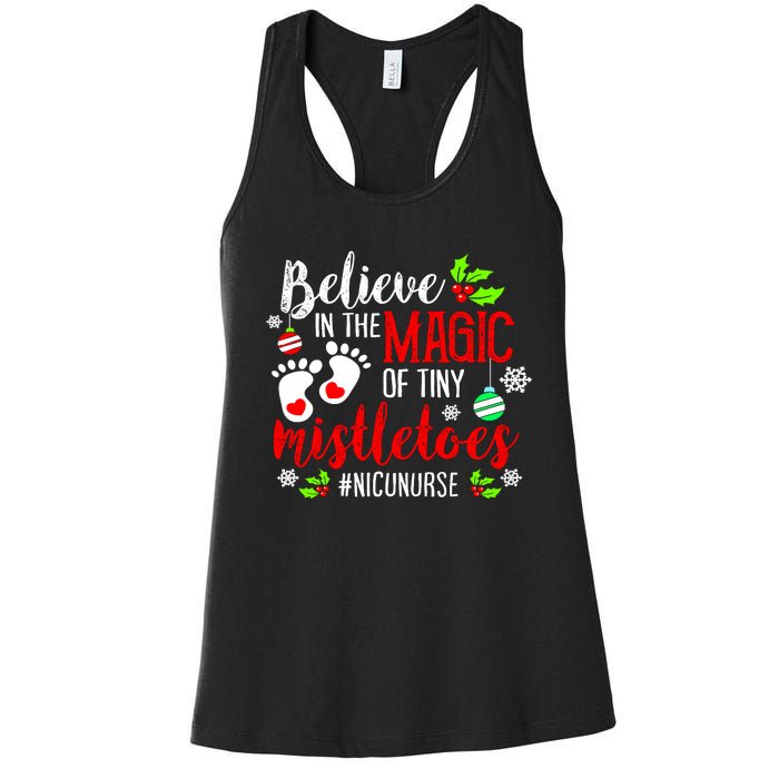 Peds Nicu Nurse Believin Magic Of Tiny Mistletoe Christmas Women's Racerback Tank